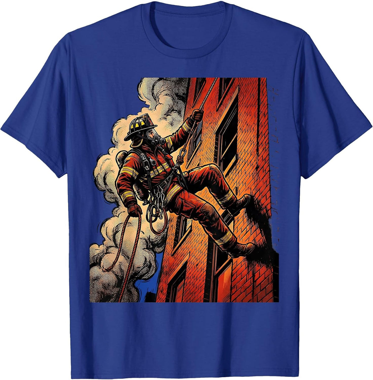 Firefighter Rappelling Smoke-Filled Building Graphic T-Shirt - Royal Blue
