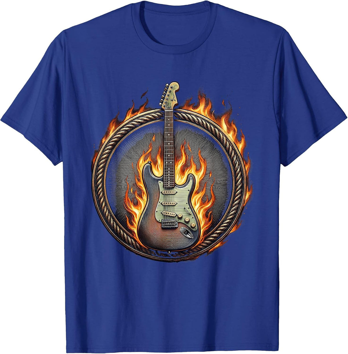 Men's Flaming Electric Guitar Metal Band Graphic T-Shirt - Royal Blue