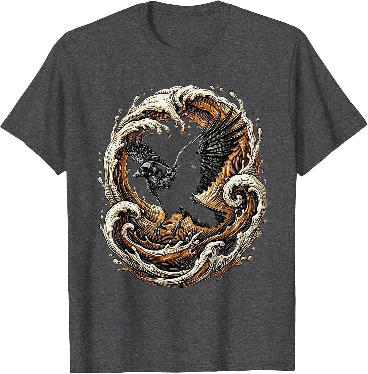 Cawf Crow Silhouette Coffee Cup Splash Art T-Shirt - Dark Heather Grey