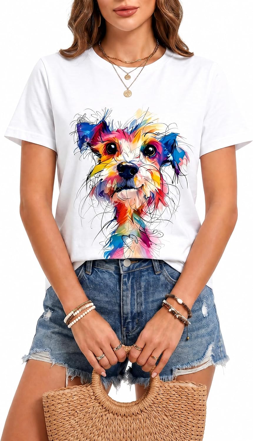 Women's Cute Animal Print Crewneck Short Sleeve Summer Tee - D10-white