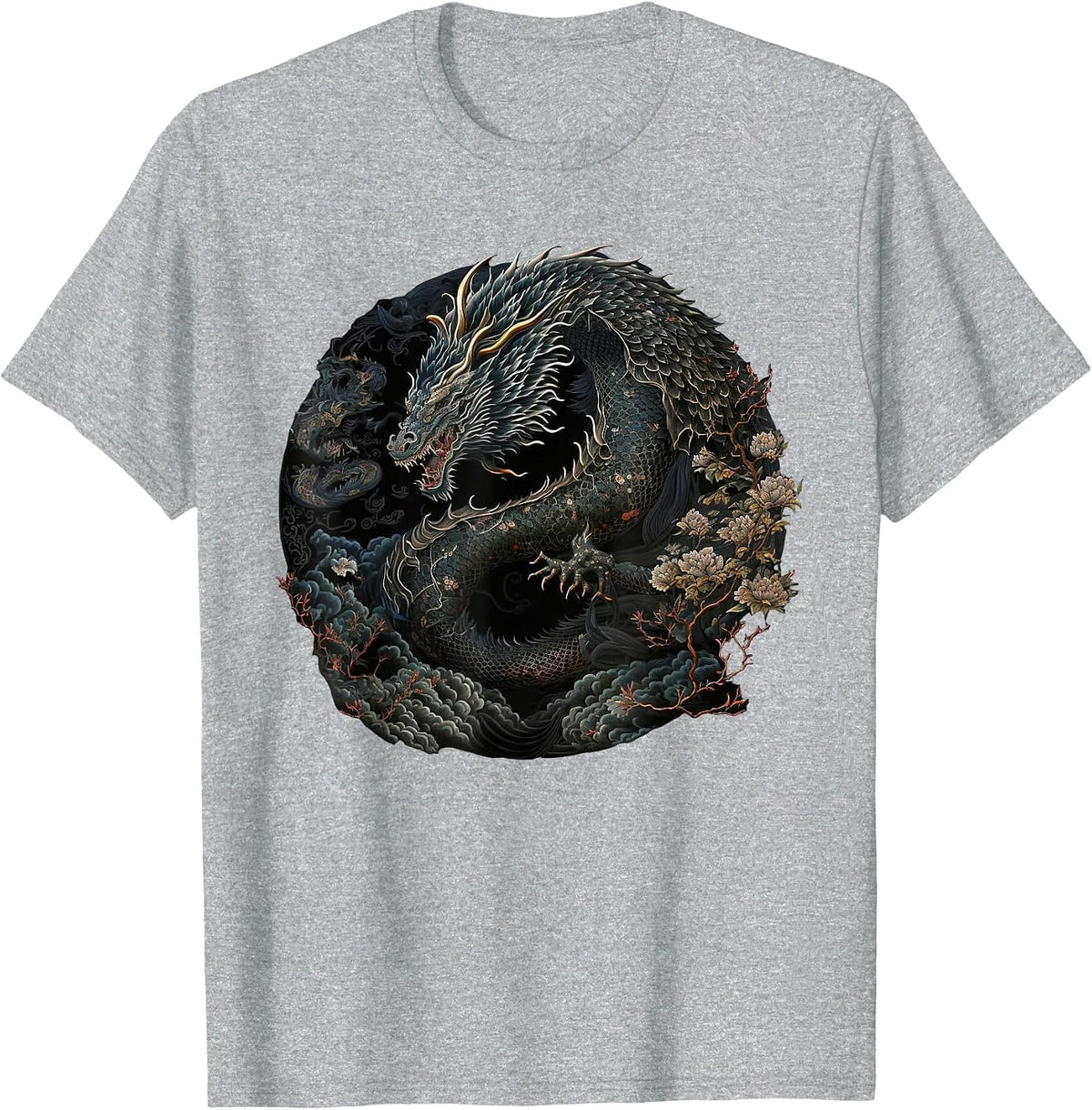 Japanese Art Print Dragon Japan Chinese Asian Graphic Print T-Shirt - Heather Grey