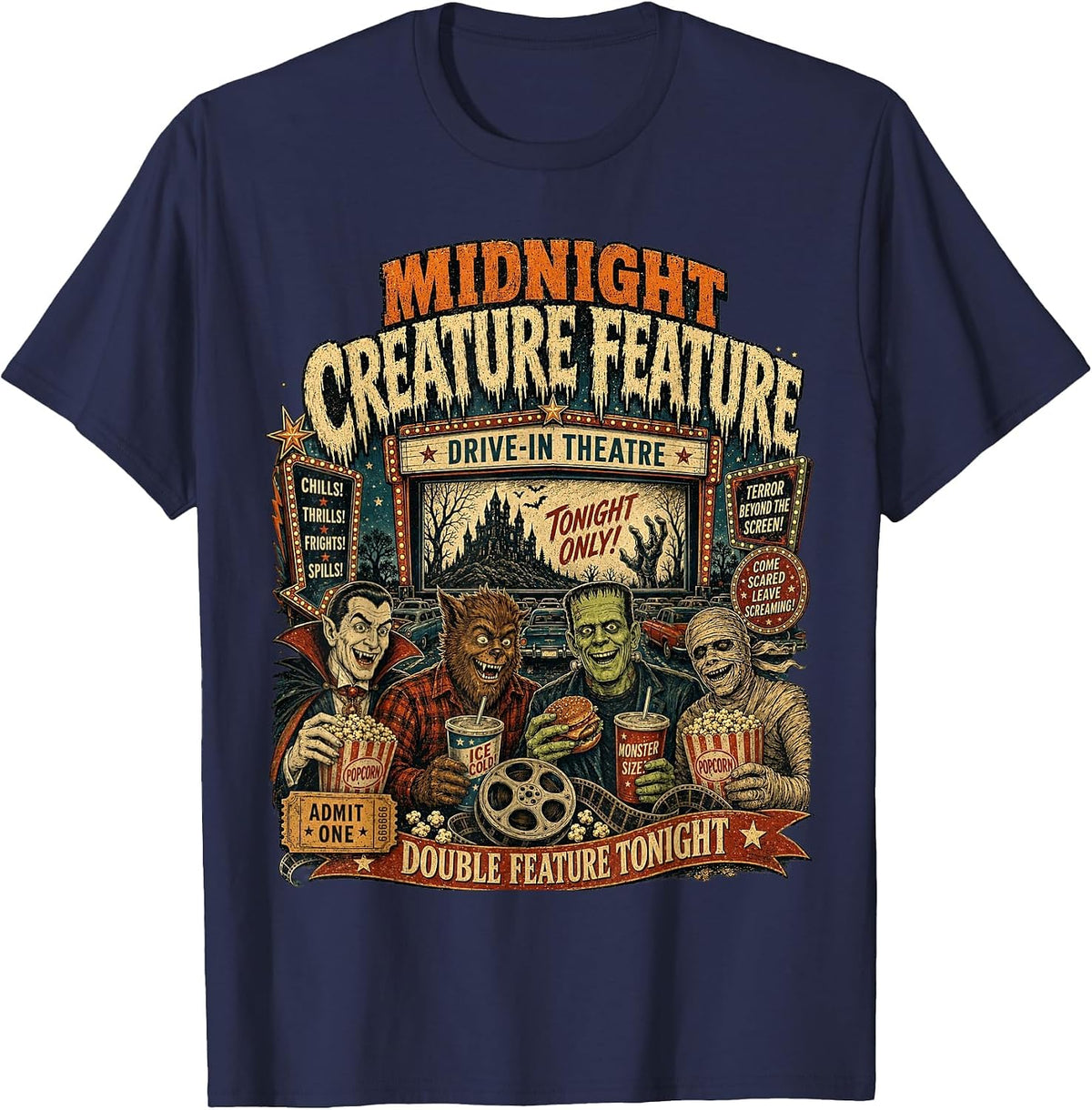 Vintage Halloween Midnight Creature Feature Horror Movie 90s T-Shirt - Navy Blue
