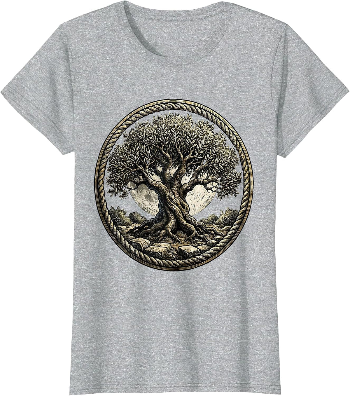 Olive Tree Moonlit Gethsemane Garden Jesus Art T-Shirt - Heather Grey