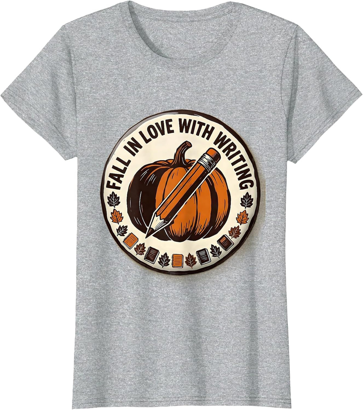 Fall In Love With Writing Retro Pumpkin Teacher Autumn Humor T-Shirt - Heather Grey