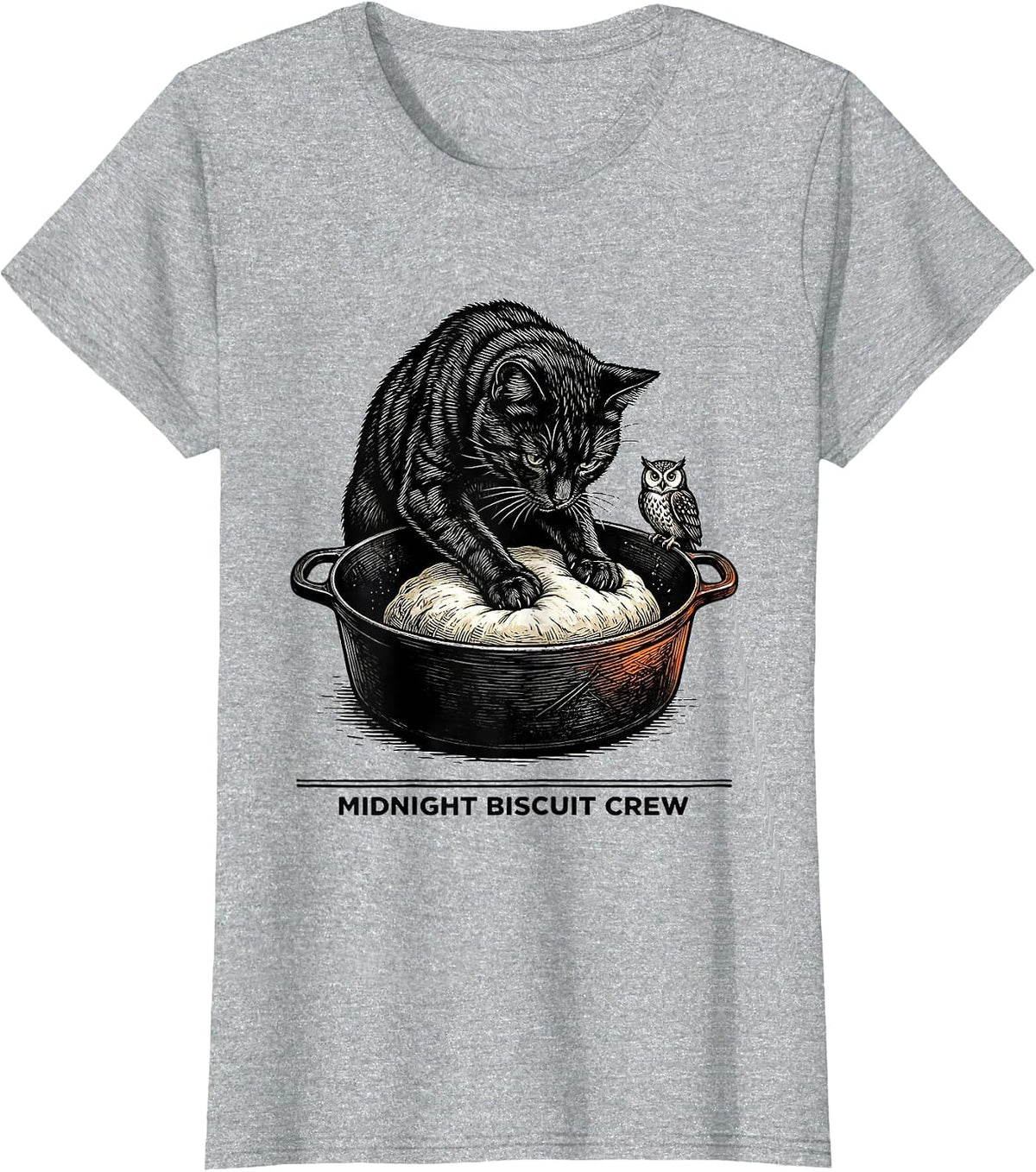 Women's Midnight Biscuit Crew Funny Cat Lover Baking Kitchen Humor T-Shirt - Heather Grey