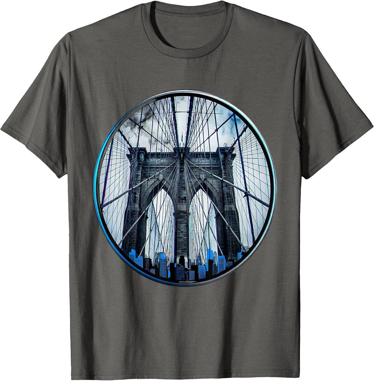 Brooklyn Bridge Foggy Skyline Illustration T-Shirt - Asphalt Grey