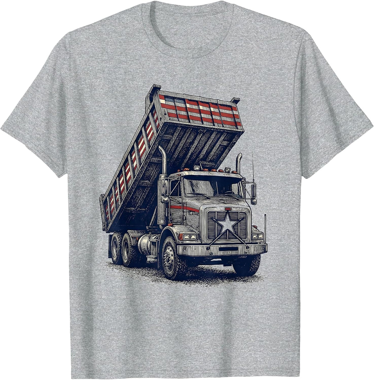 Men's Heavy Dump Truck Crosshatch Etching Patriotic Driver T-Shirt - Heather Grey