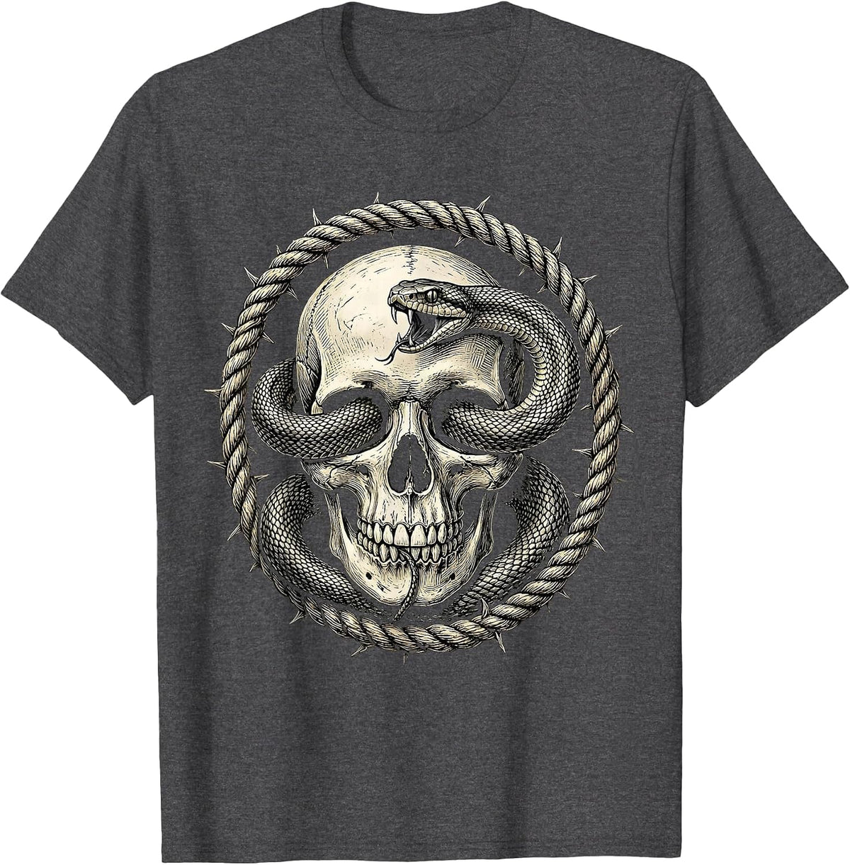 Snake Through Skull Eye Sockets Dark Art Design T-Shirt - Dark Heather Grey