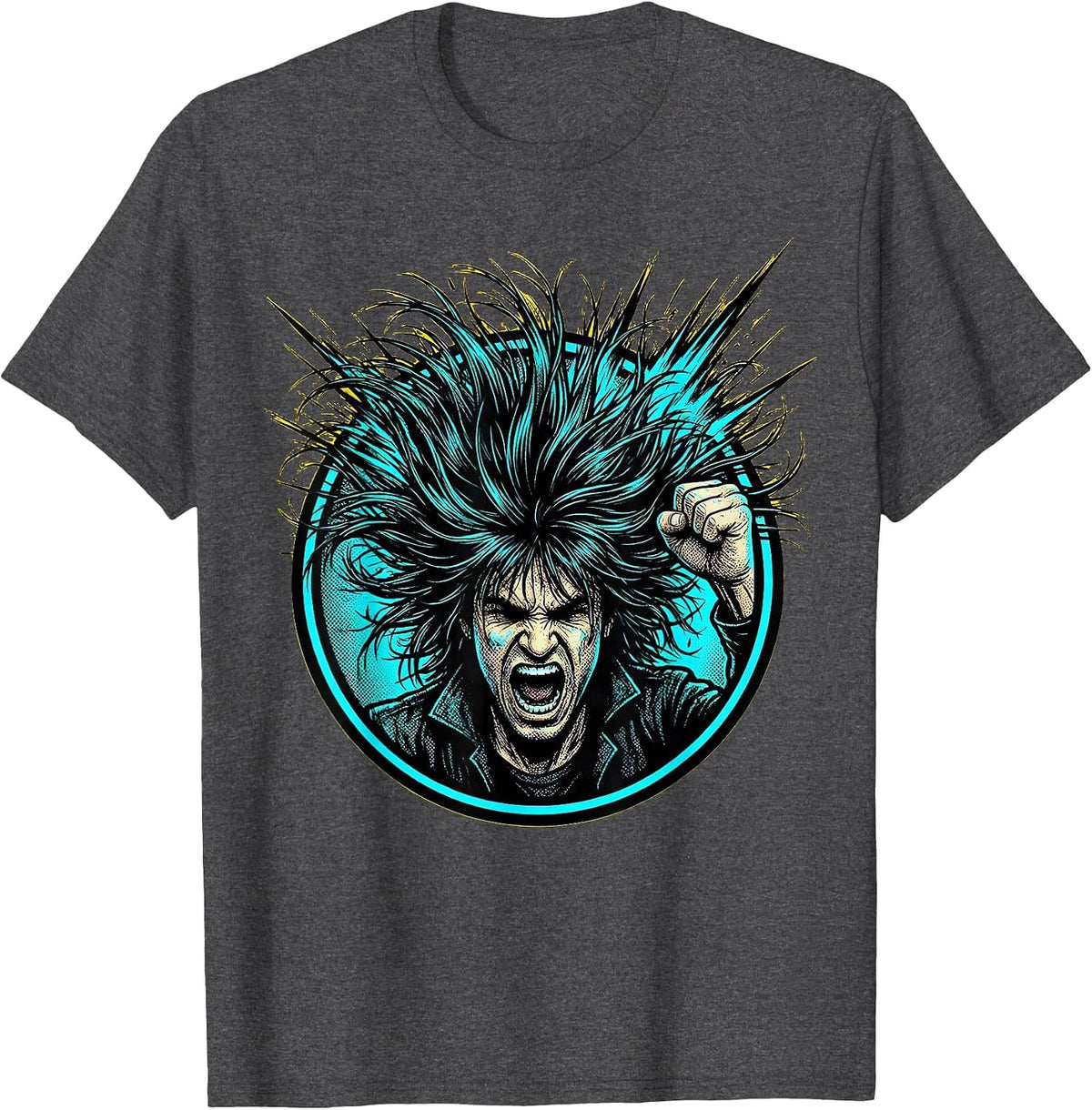 Men's Headbanging Rocker Wild Flying Hair Graphic T-Shirt - Dark Heather Grey