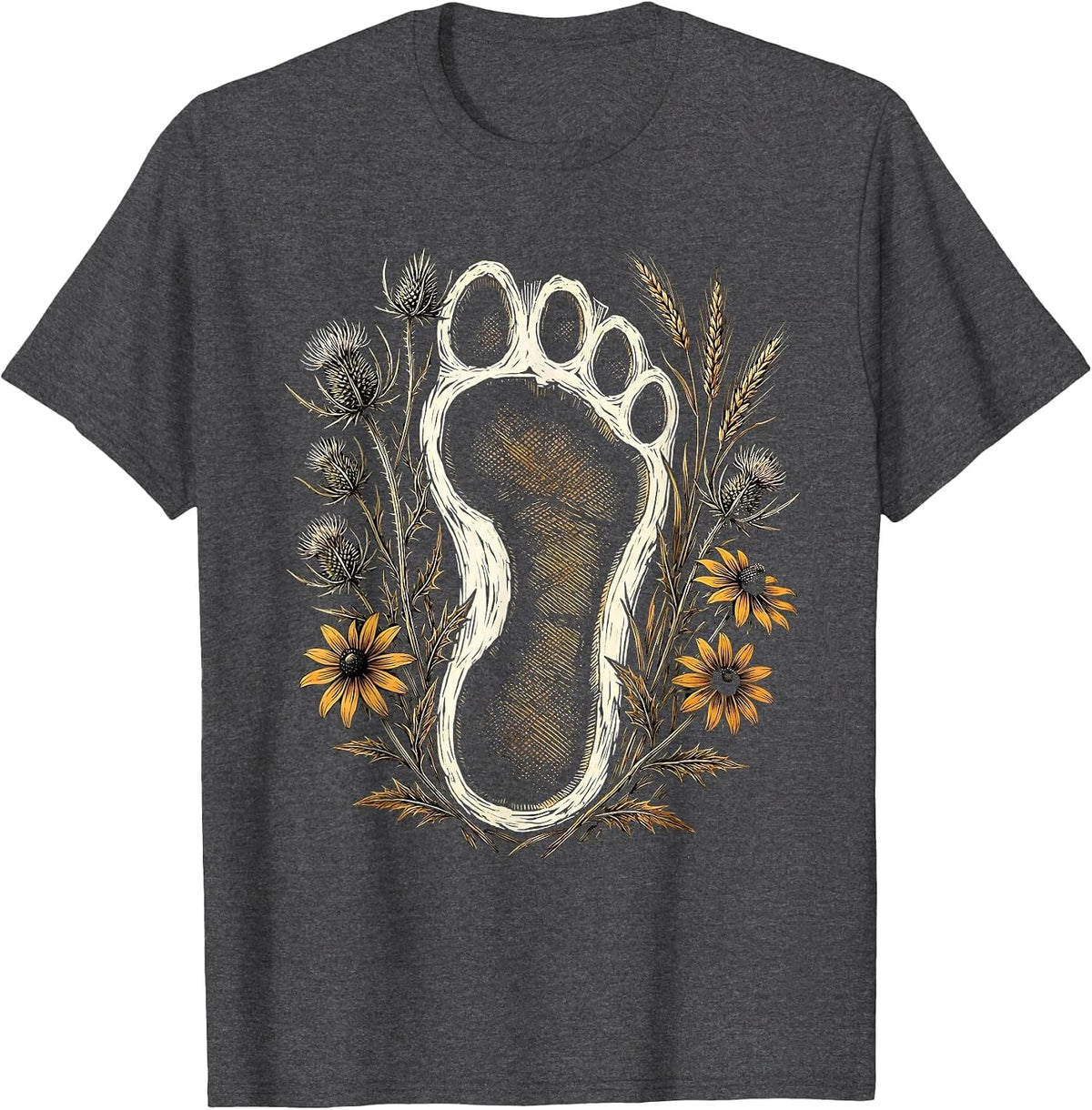 Horse Hoof Print Wildflower Floral Illustration T-Shirt - Dark Heather Grey