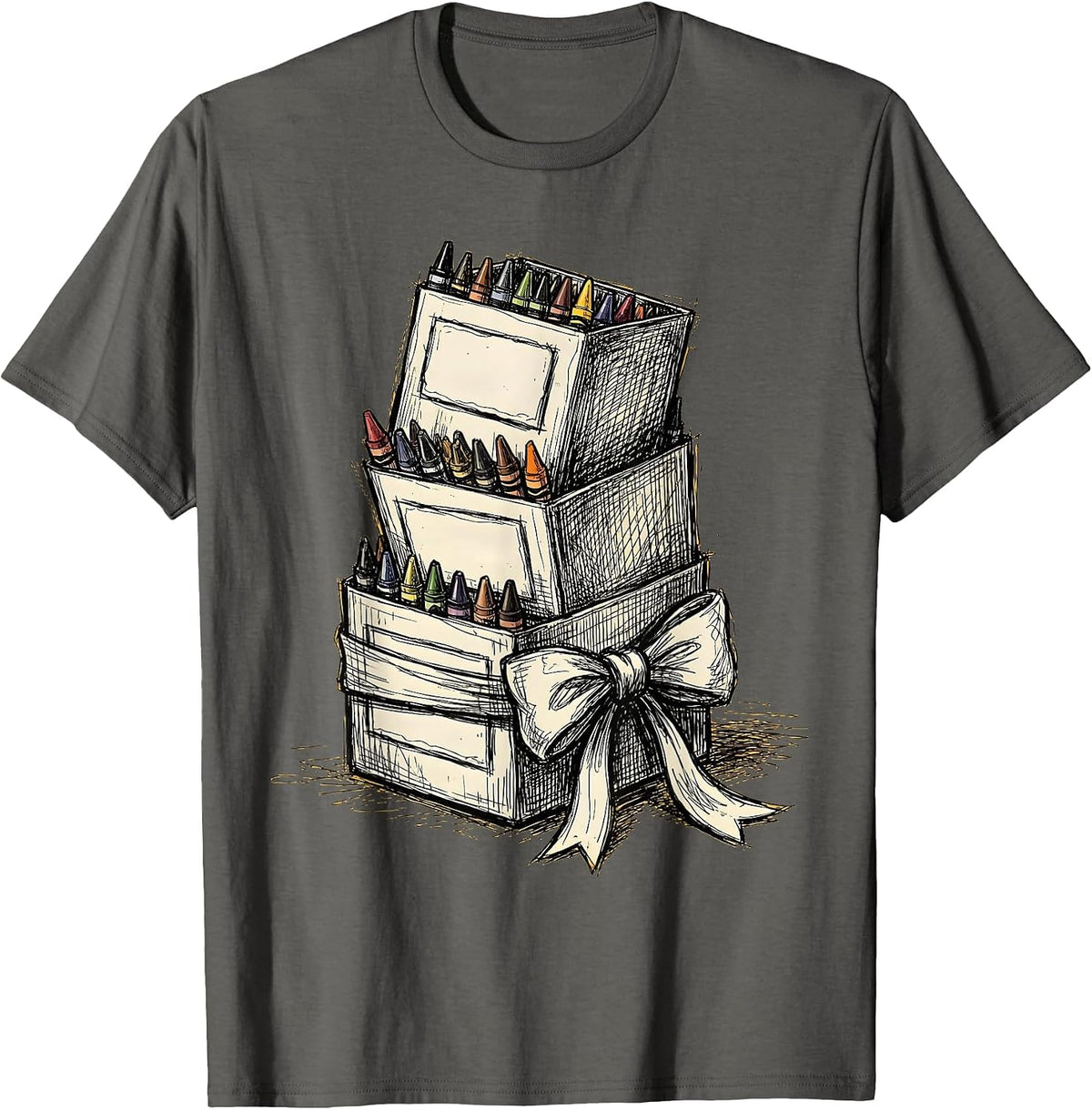 Third Grade Teacher Crayon Box Stack Gift T-Shirt - Asphalt Grey
