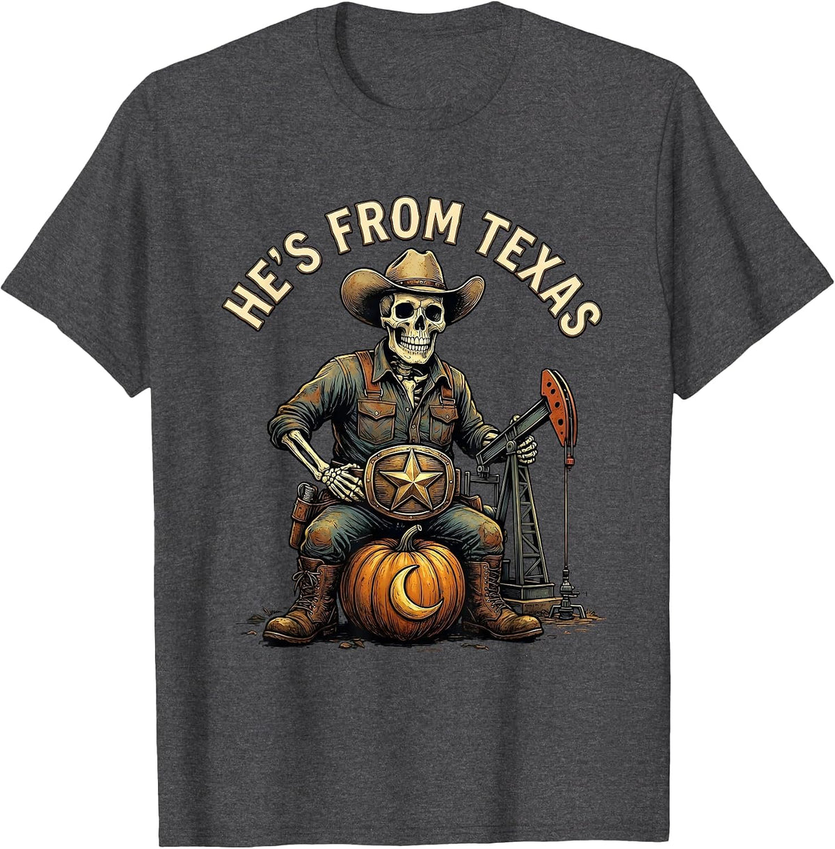 Men's He's From Texas Funny Skeleton Cowboy Halloween Horror T-Shirt - Dark Heather Grey