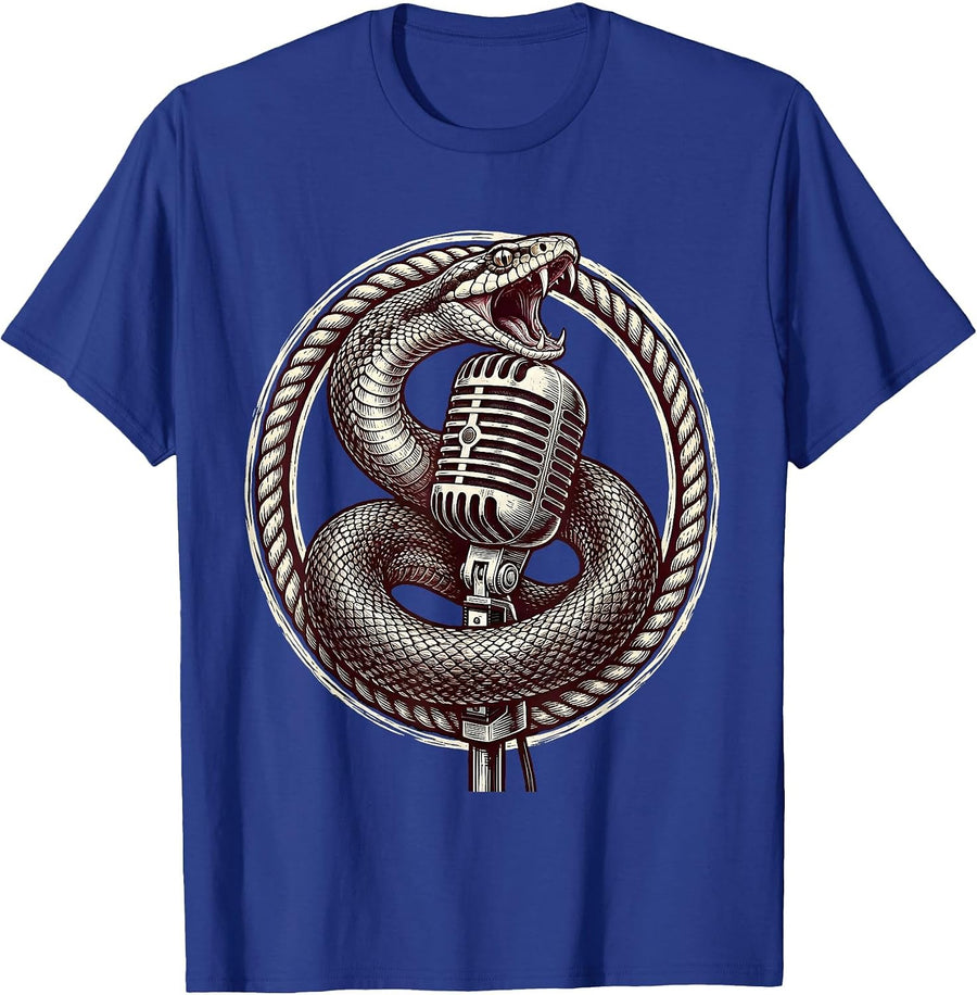 Snake Coiled Microphone Stand Rock Band Graphic T-Shirt - Royal Blue
