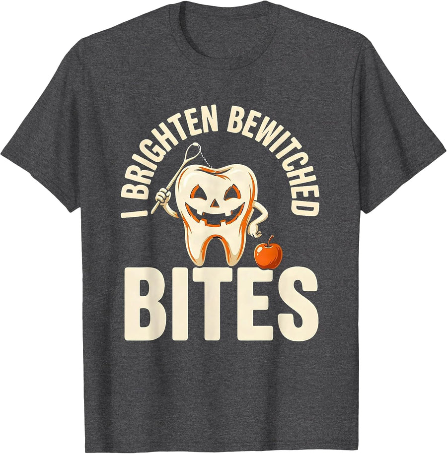 Men's I Brighten Bewitched Bites Funny Dentist Halloween Dental T-Shirt - Dark Heather Grey