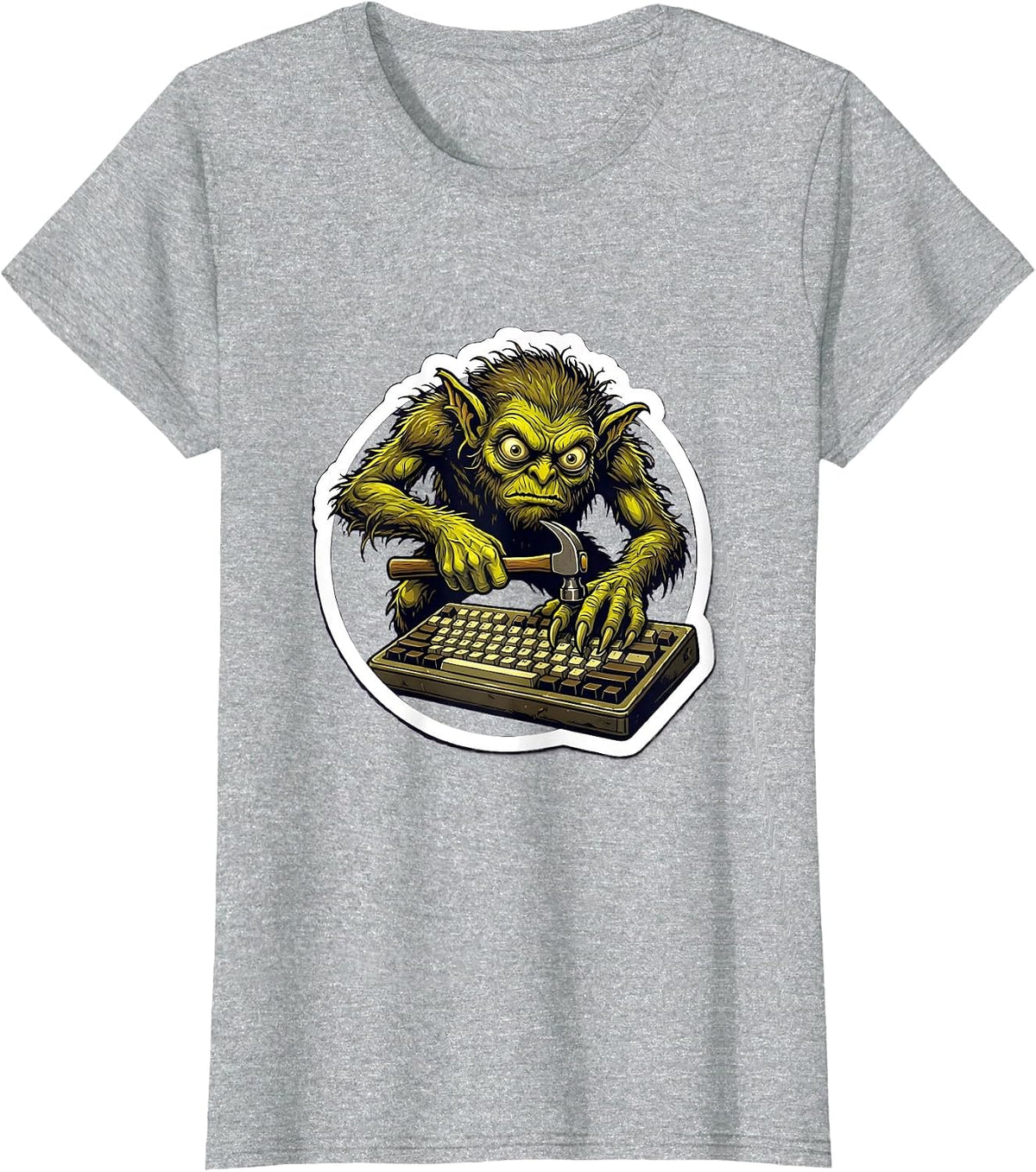 Furious Gremlin Typing on Old Keyboard Graphic T-Shirt - Heather Grey