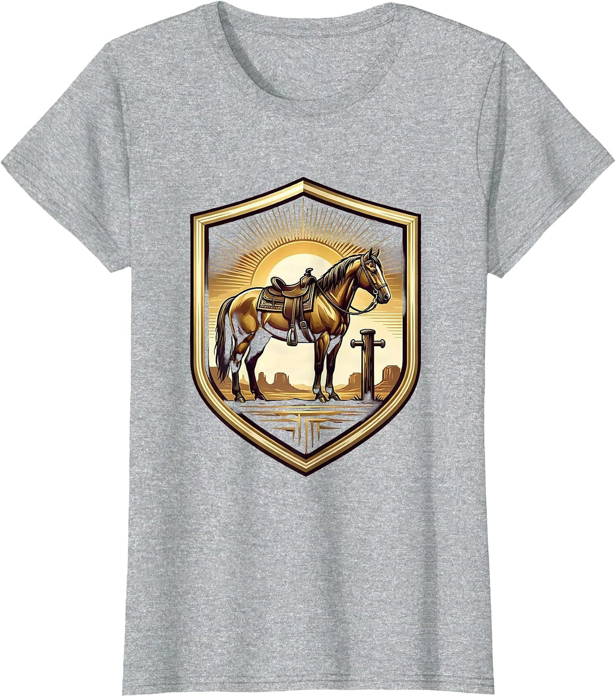 Women's Black Cowboy Saddled Horse Desert Saloon Dusk T-Shirt - Heather Grey