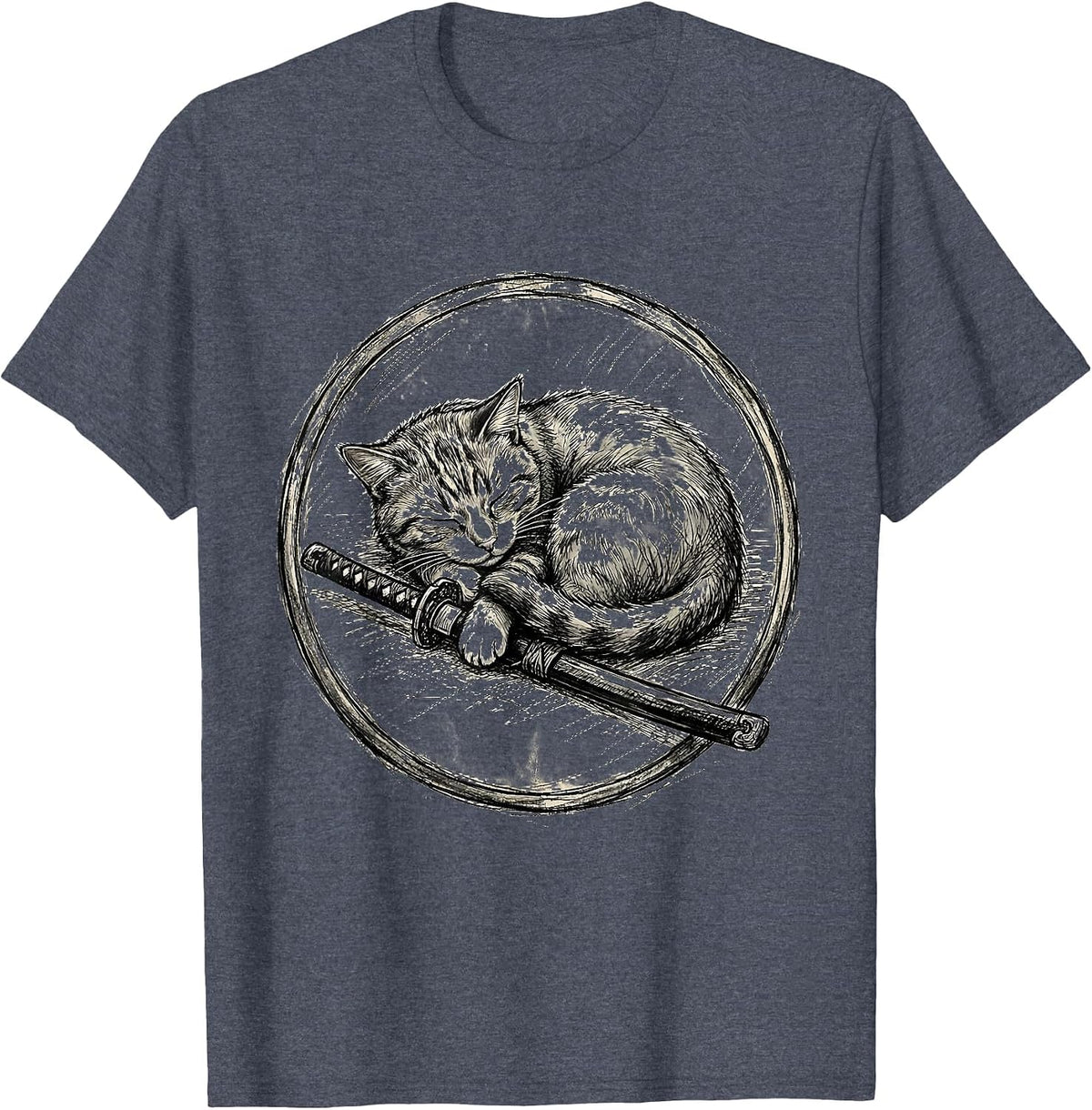 Sleeping Cat with Sword Chill Warrior Graphic T-Shirt - Heather Blue
