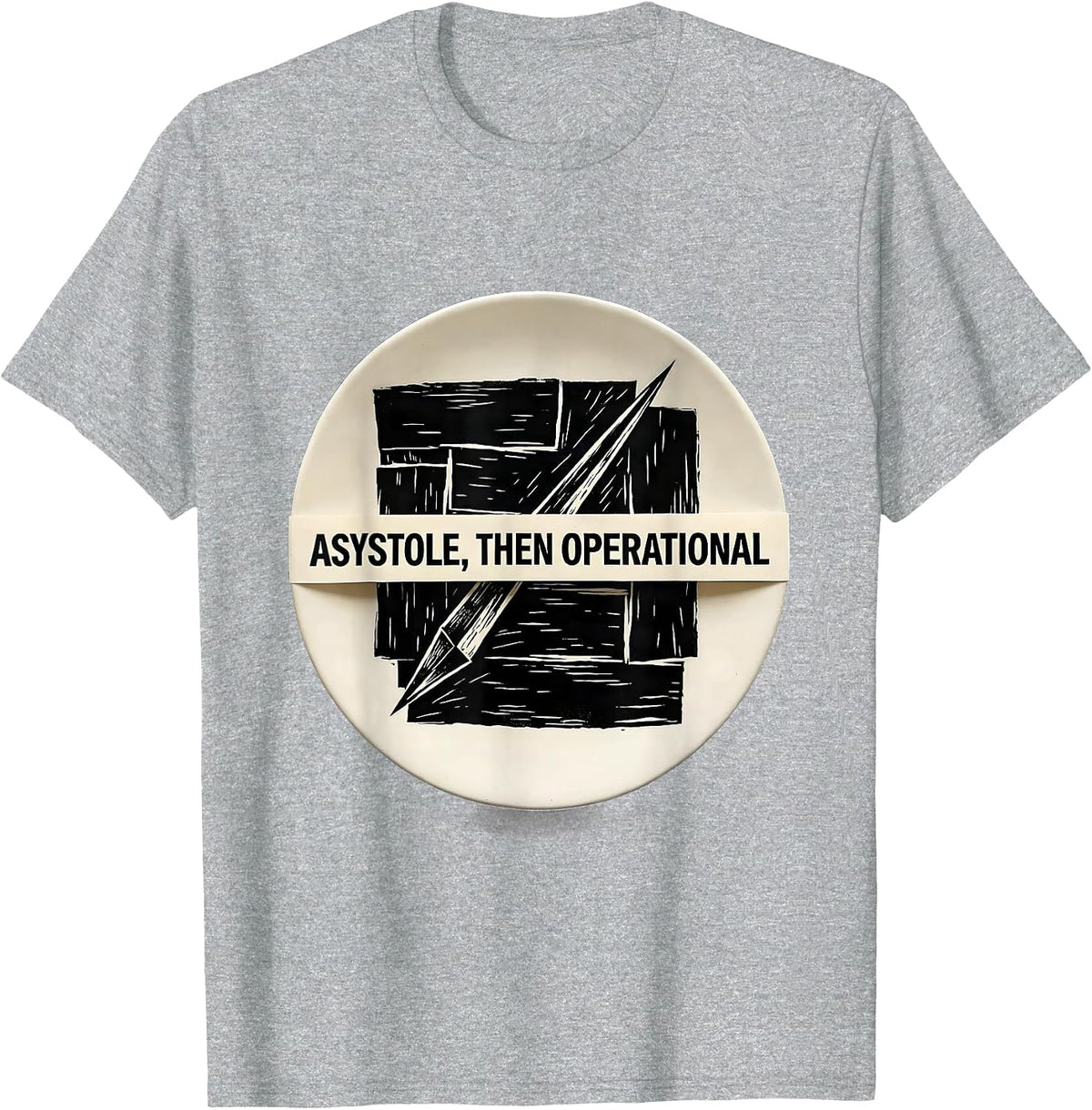 Men's Asystole, Then Operational Linocut Cardiology Humor T-Shirt - Heather Grey