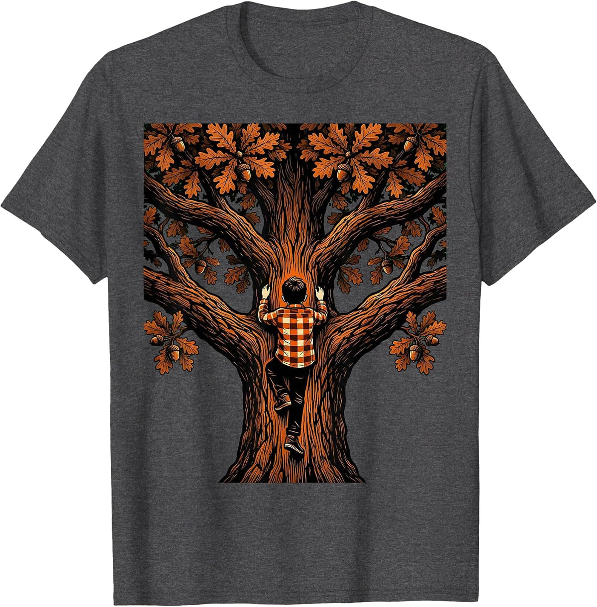 Fall Boy Climbing Oak Tree Autumn Illustration T-Shirt - Dark Heather Grey