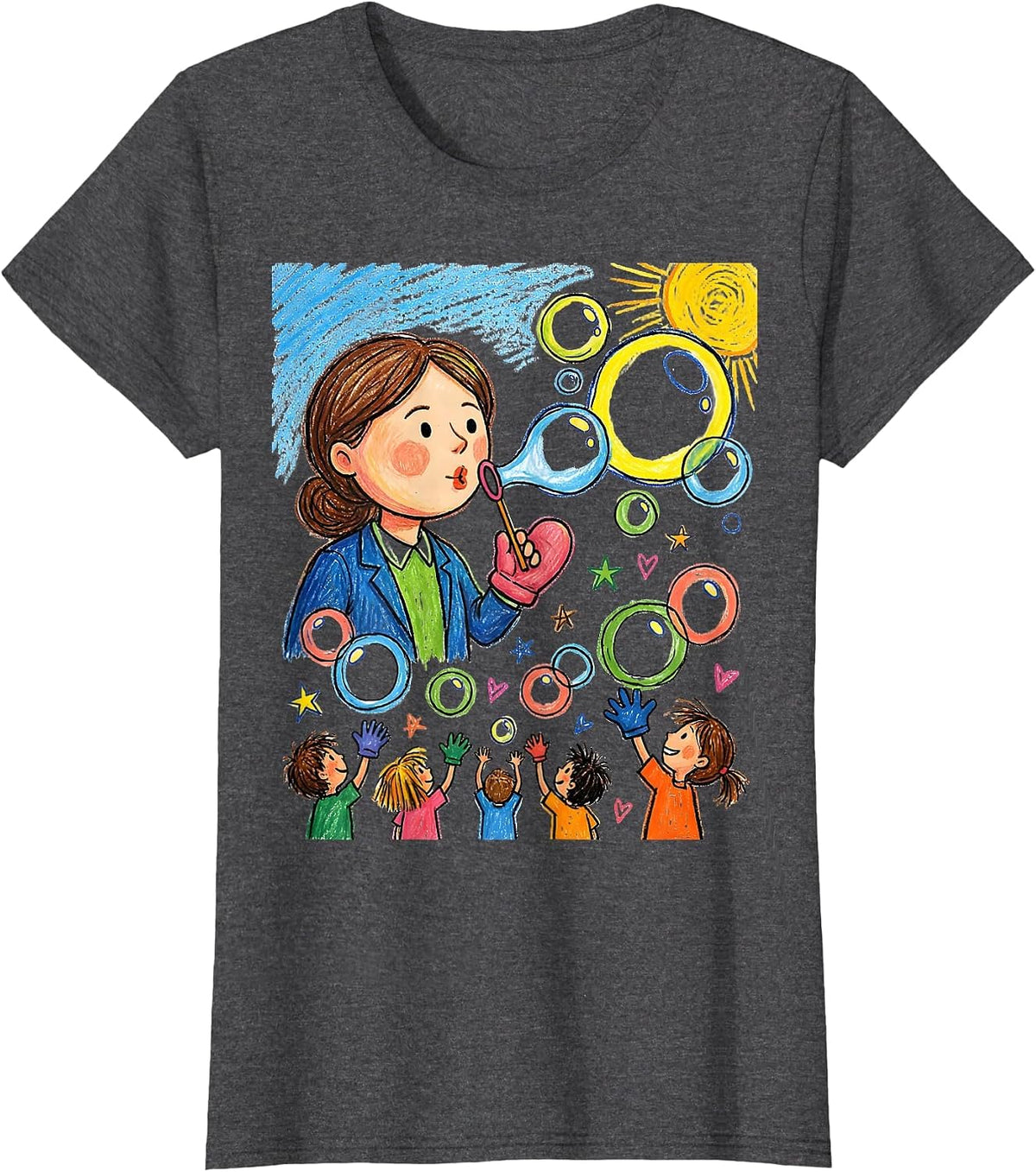 Women's Preschool Teacher Bubble Blowing Graphic T-Shirt - Dark Heather Grey