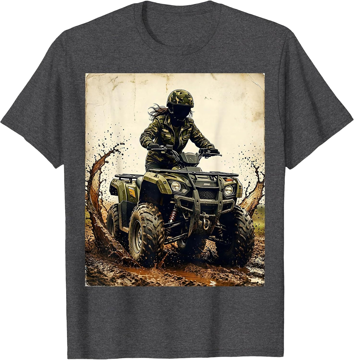 Camo Girl Four-Wheeler Mud Riding Graphic T-Shirt - Dark Heather Grey