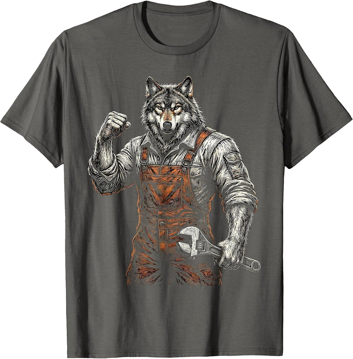 Wolf Mechanic in Coveralls Holding a Wrench T-Shirt - Asphalt Grey