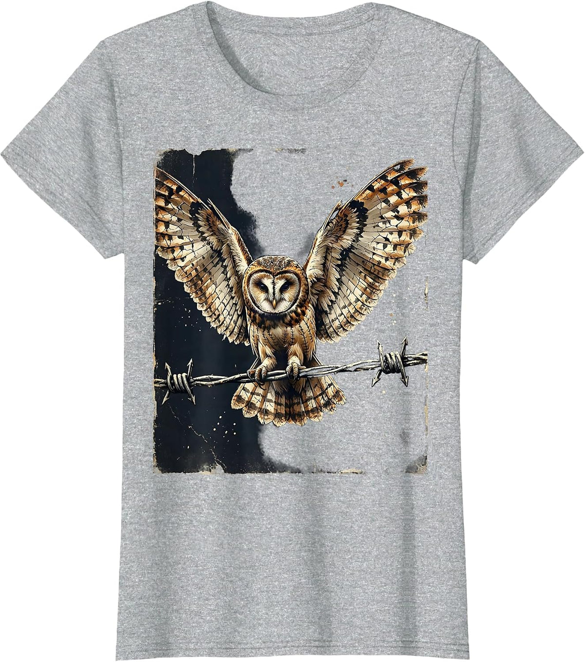 Barn Owl on Barbed Wire Fence Country Design T-Shirt - Heather Grey