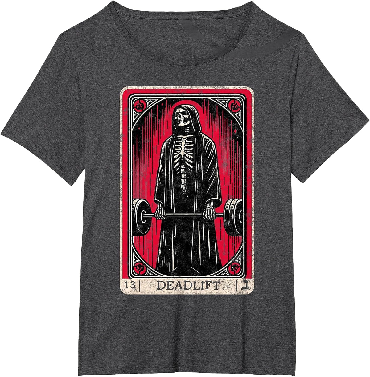 Vintage Deadlift Skeleton Tarot Card Weightlifting Gym T-Shirt - Dark Heather Grey