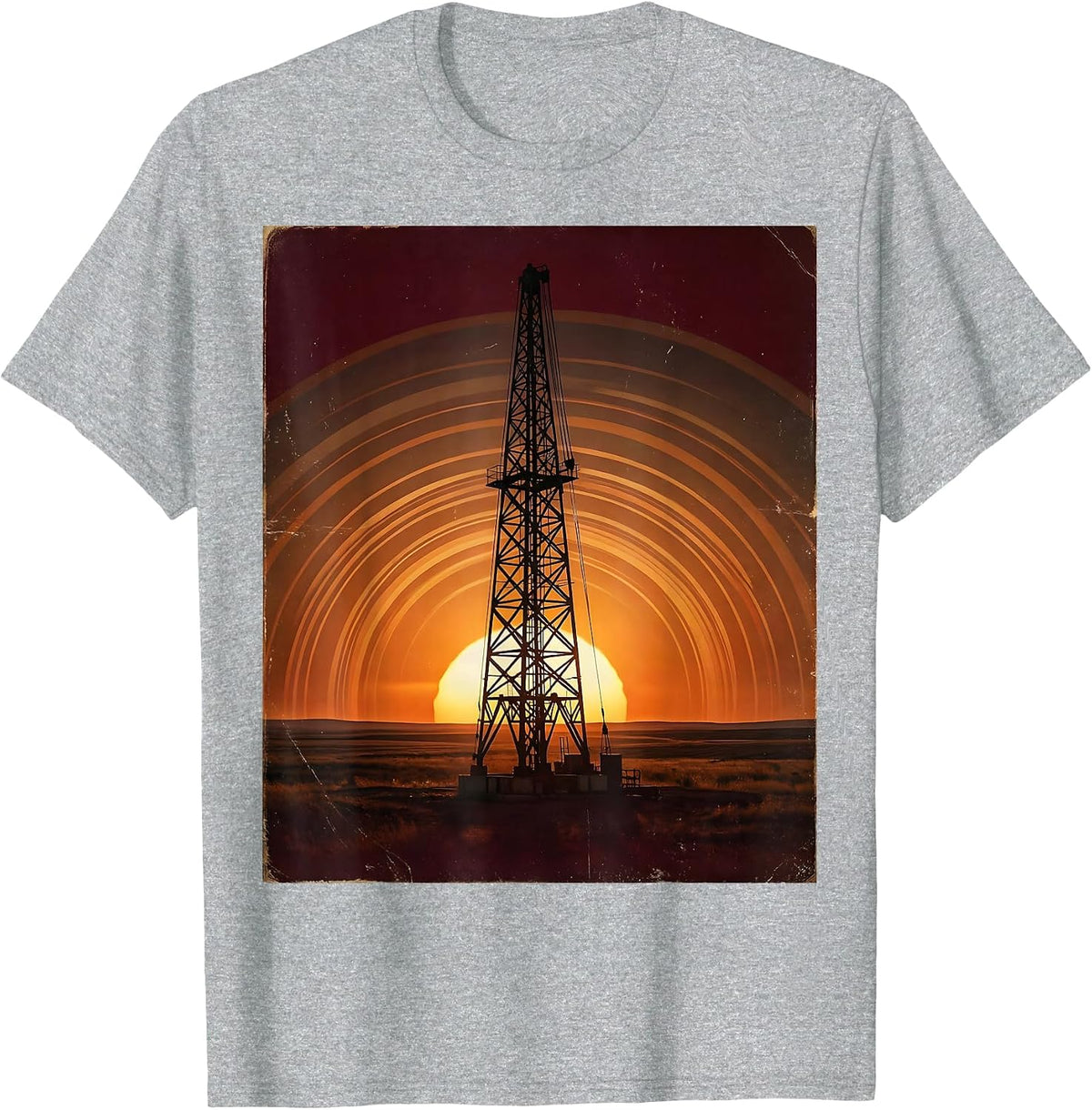 Men's Oil Derrick Silhouette Red Sky USA Graphic T-Shirt - Heather Grey