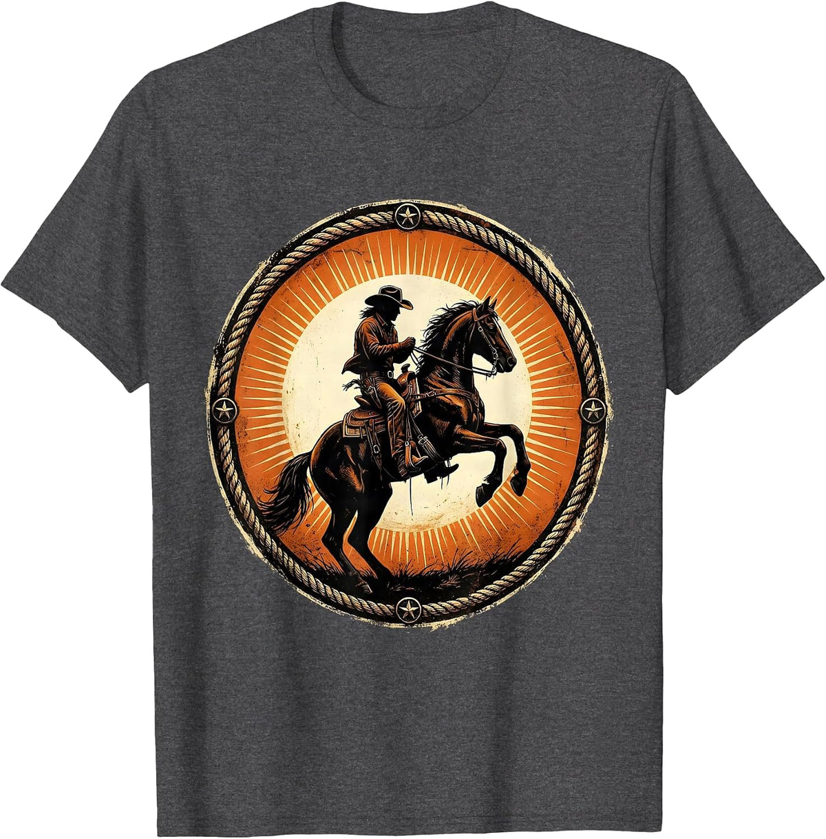 Cowboy on Rearing Horse at Dusk Illustration T-Shirt - Dark Heather Grey