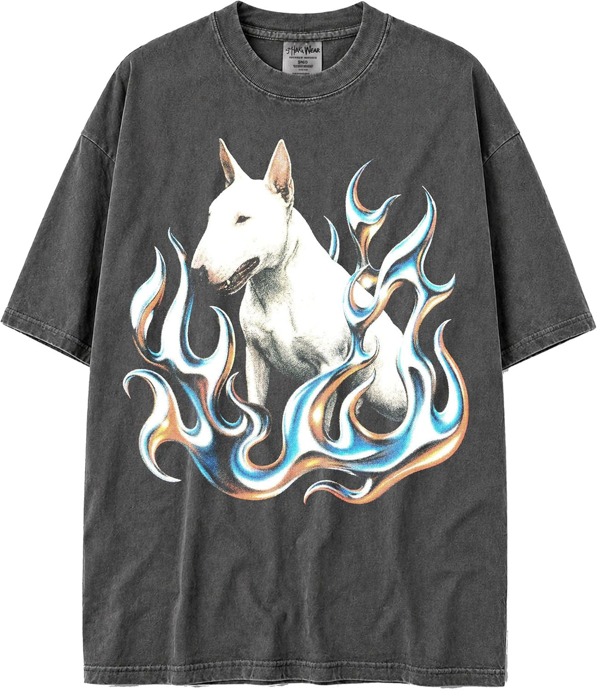 Shaka Wear USA MAX-Heavyweight 100% Cotton Oversized Faded Vintage Chromed Out Flames & Dog Design Tshirt - White Bull