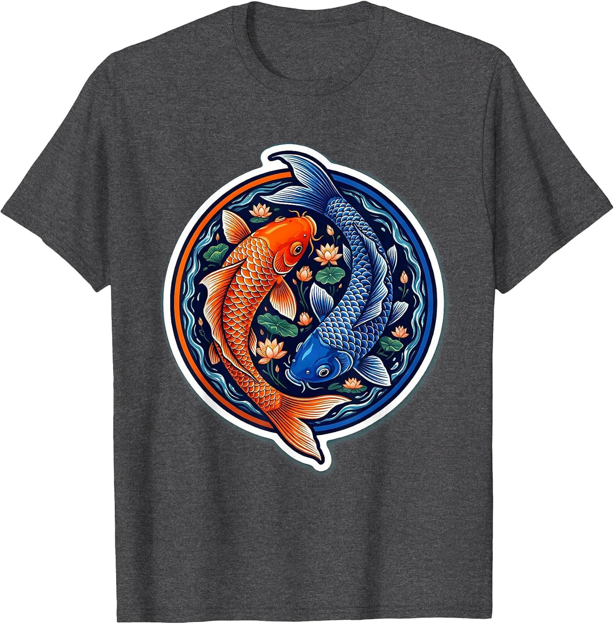 Koi Fish Yin Yang Circular Design T-Shirt - Dark Heather Grey