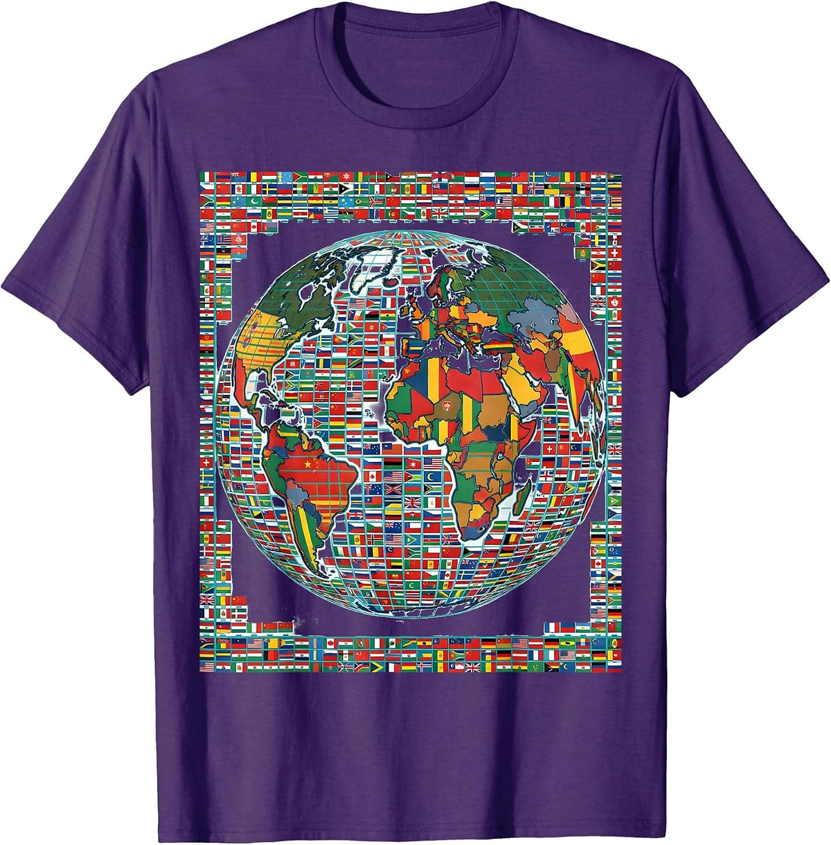 Men's World Map Flag Tiles Geography Reference Cultural Unity T-Shirt - Purple