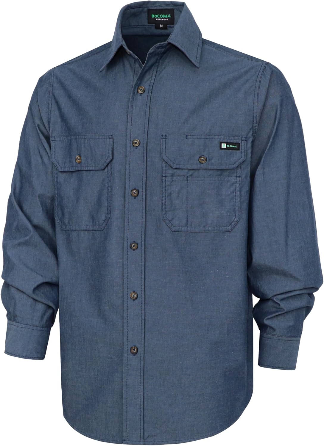 BOCOMAL Men's Work Shirts Button Down Long Sleeve Relaxed Fit - Lightweight 100% Cotton Chambray, EX-Soft, Utility Pockets