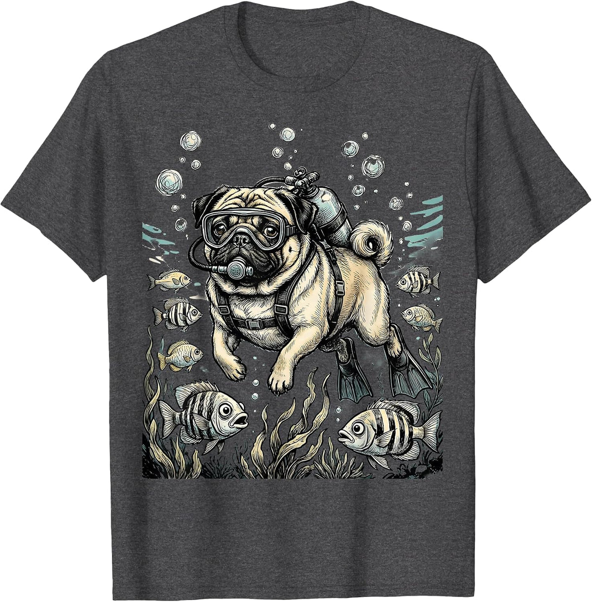 Pug Scuba Diver Underwater Adventure Graphic T-Shirt - Dark Heather Grey