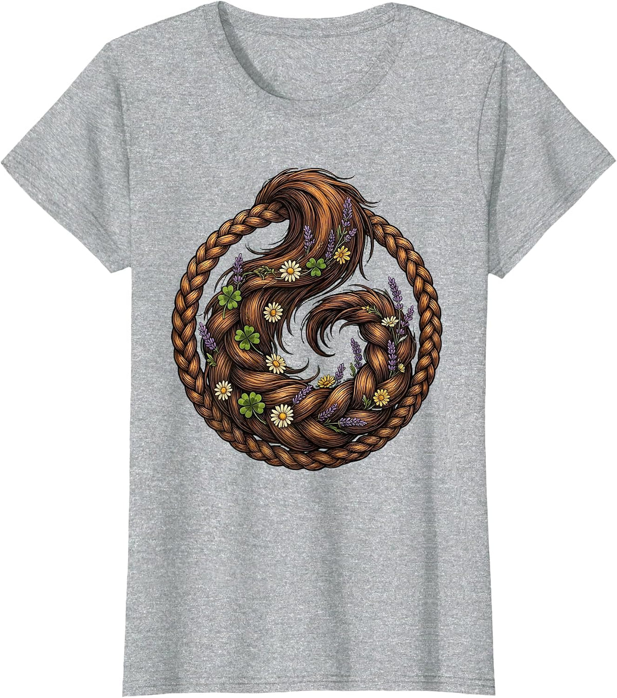 Braided Horse Tail with Wildflowers Illustration T-Shirt - Heather Grey