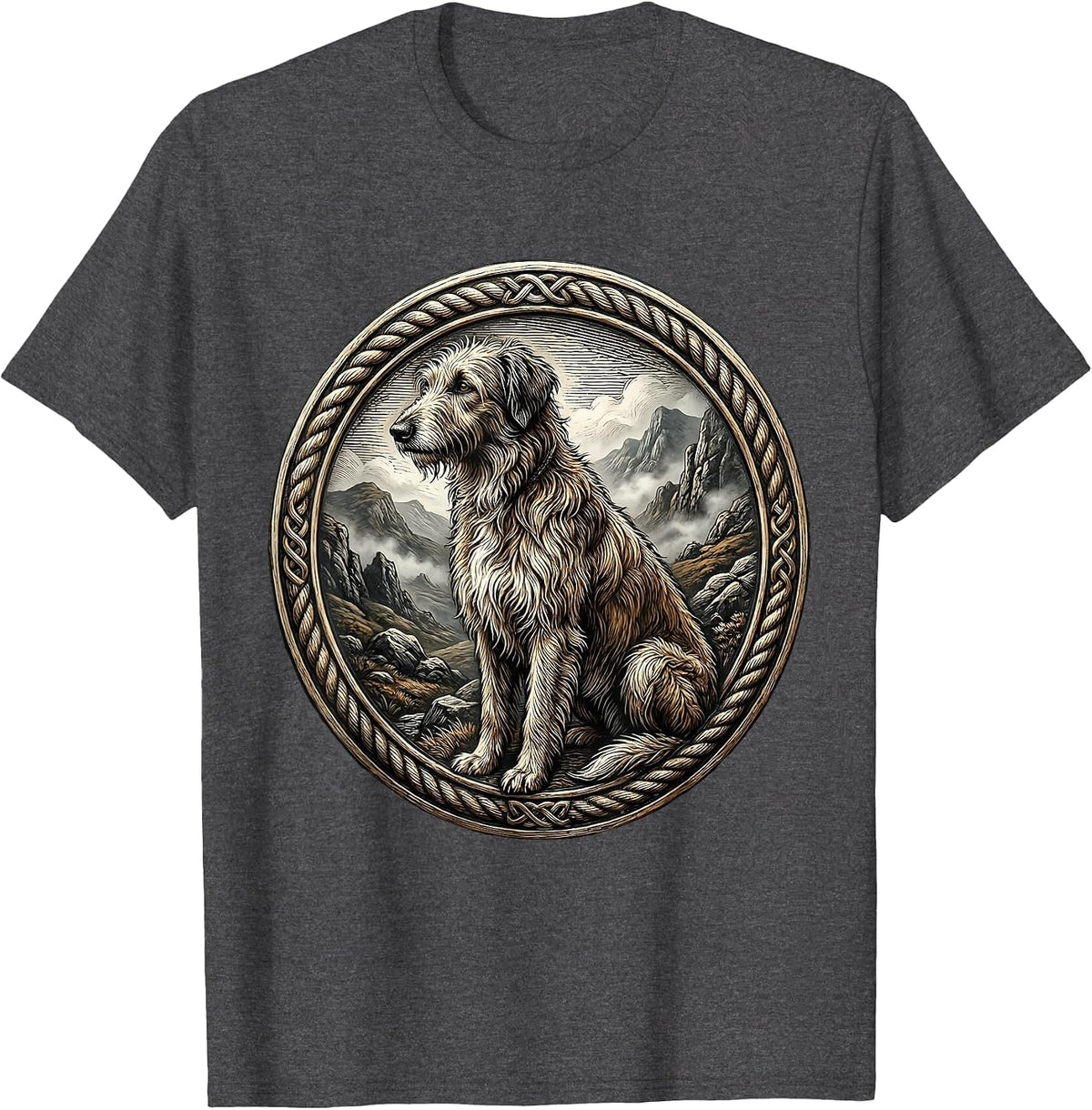 Men's Irish Wolfhound in Misty Landscape Illustration T-Shirt - Dark Heather Grey