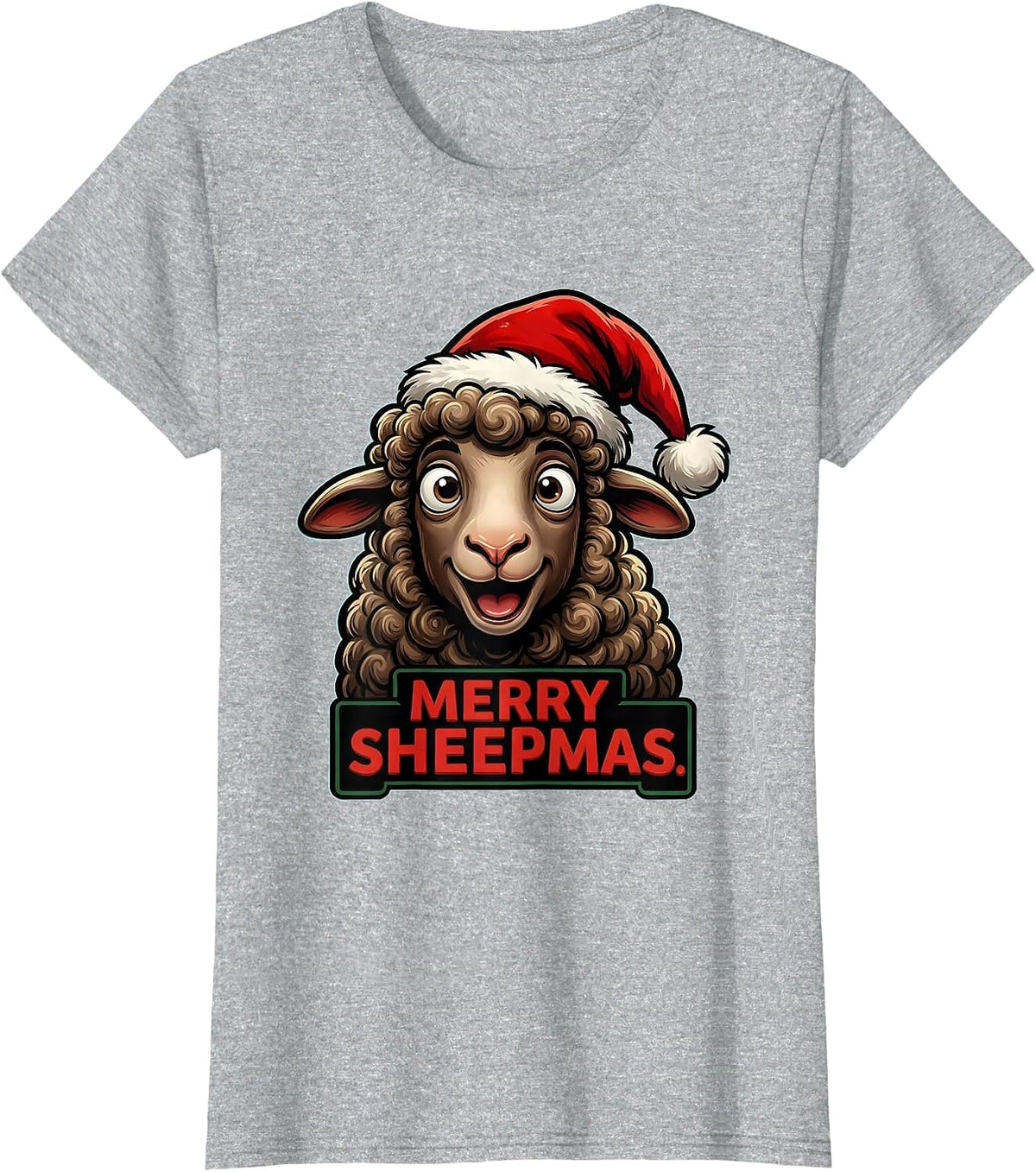 Merry Sheepmas Cartoon Sheep Santa Hat Christmas Animal T-Shirt - Heather Grey