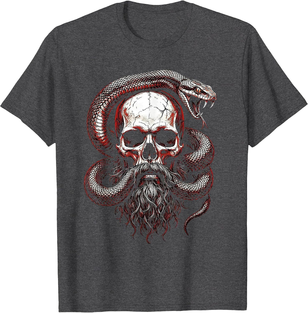 Bearded Skull Snake Coil Dark Horror Graphic T-Shirt - Dark Heather Grey