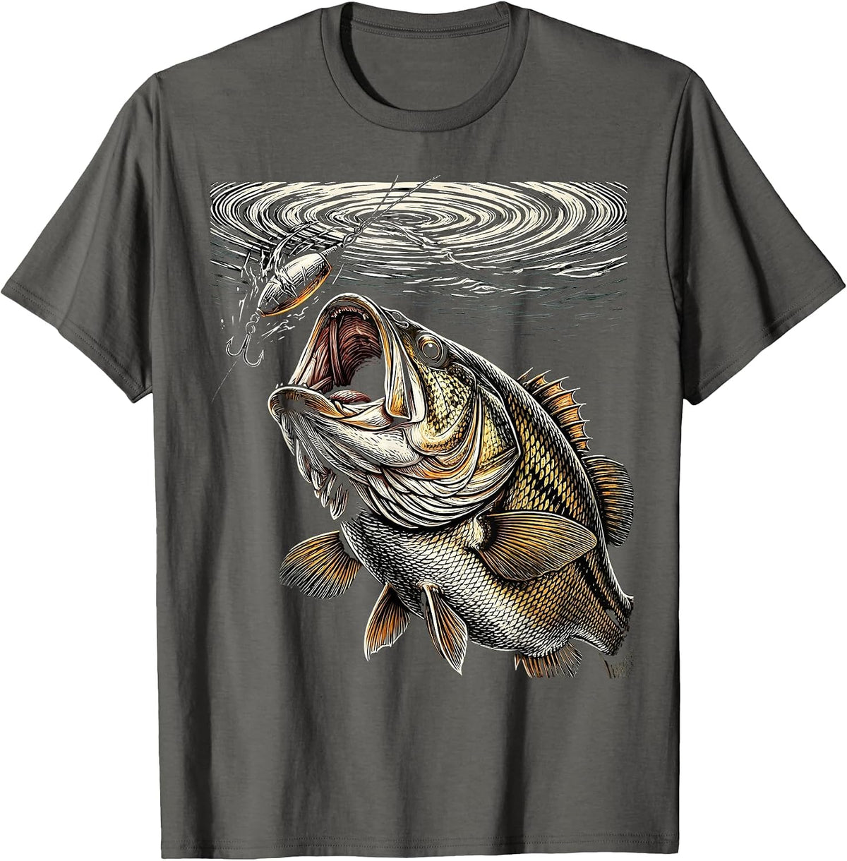 Bass Striking Lure Underwater View Fishing Graphic T-Shirt - Asphalt Grey