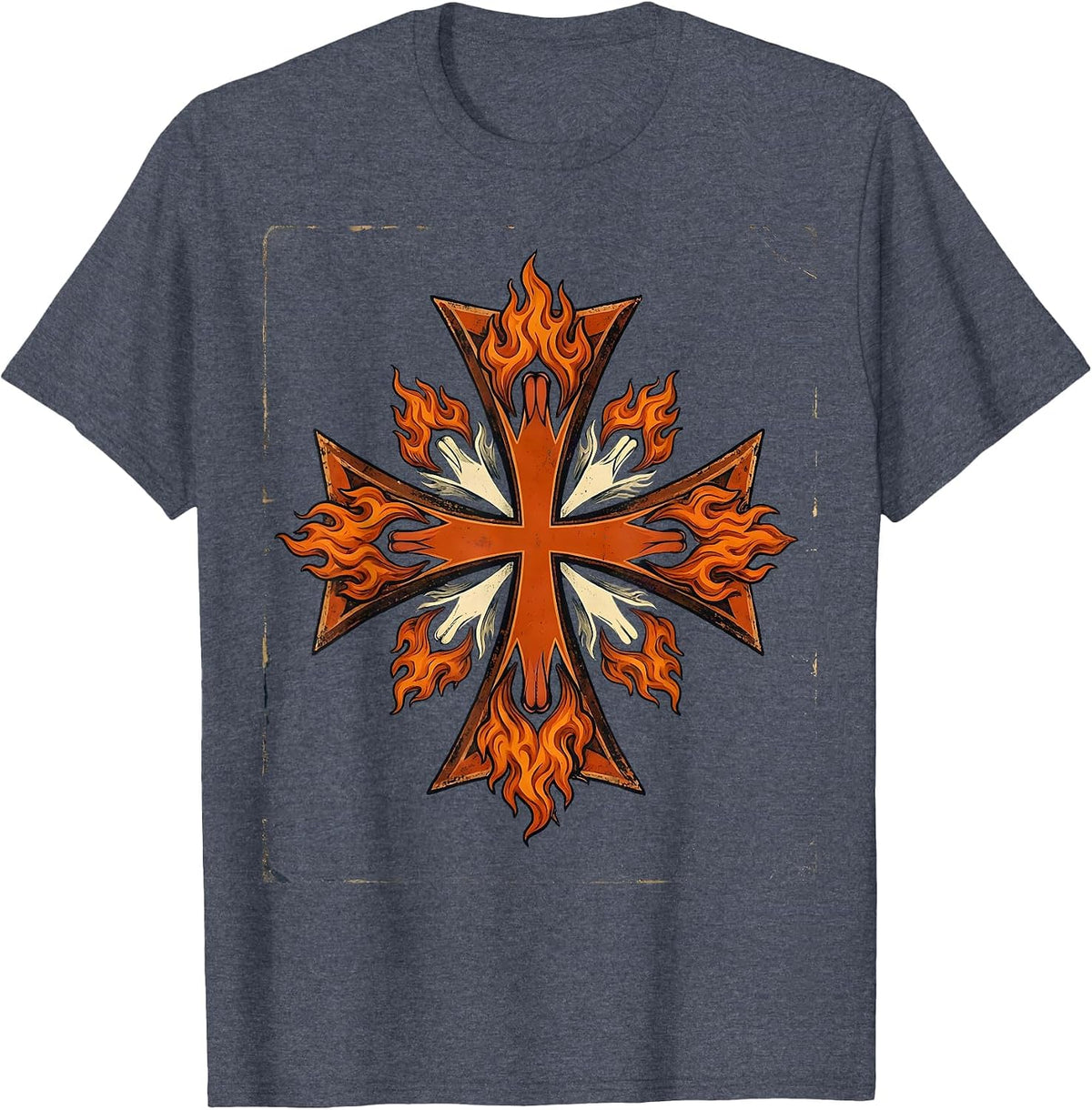 Firefighter Maltese Cross Flames Illustration T-Shirt - Heather Blue