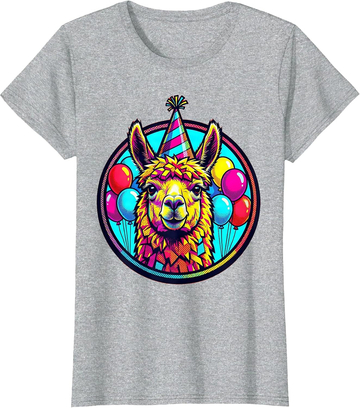 Llama 8th Birthday Party Hat Balloons Illustration T-Shirt - Heather Grey