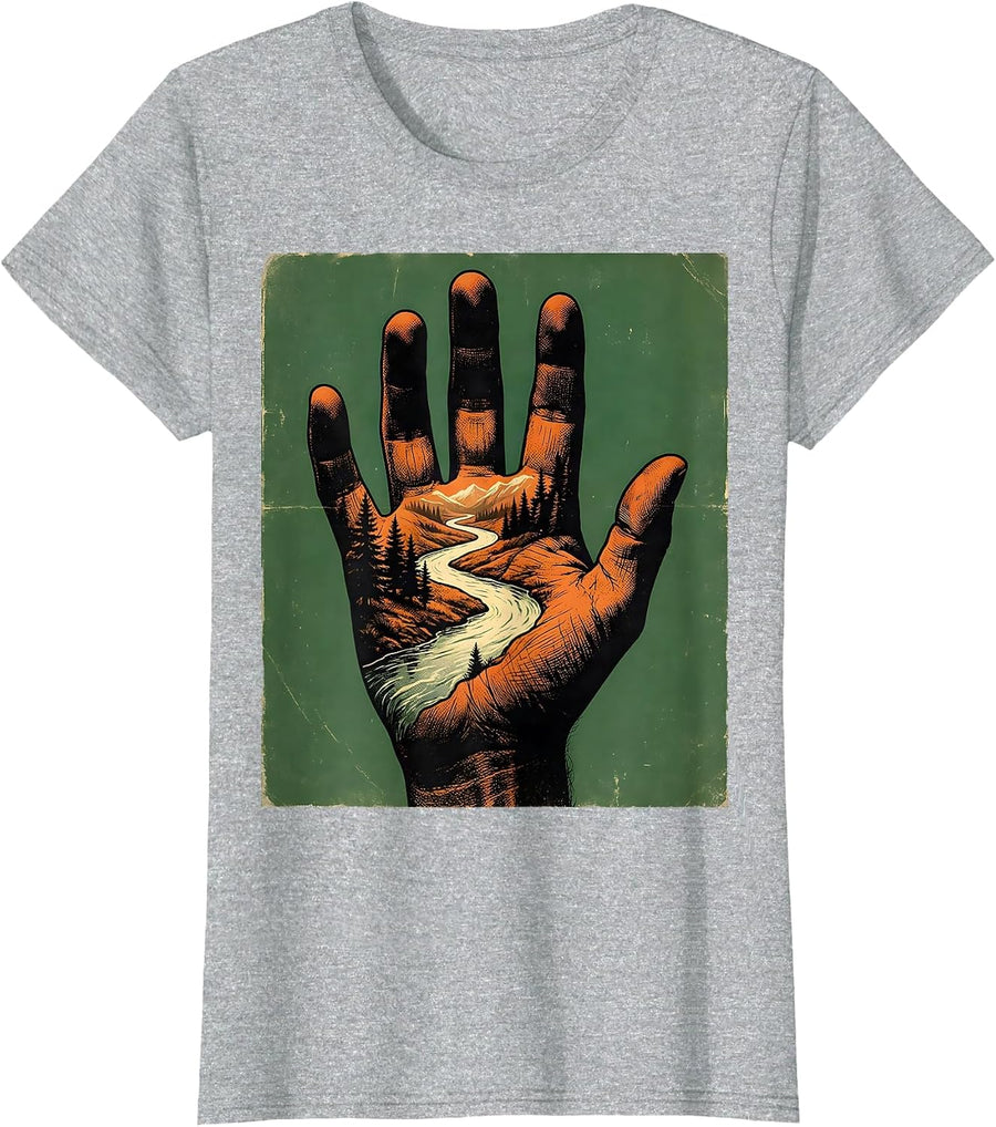 Hippie River Flowing Through Open Hand Design T-Shirt - Heather Grey
