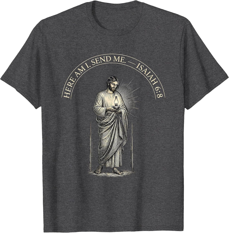 Men's Here Am I Send Me Isaiah 6 8 Faith Military Veteran Service T-Shirt - Dark Heather Grey