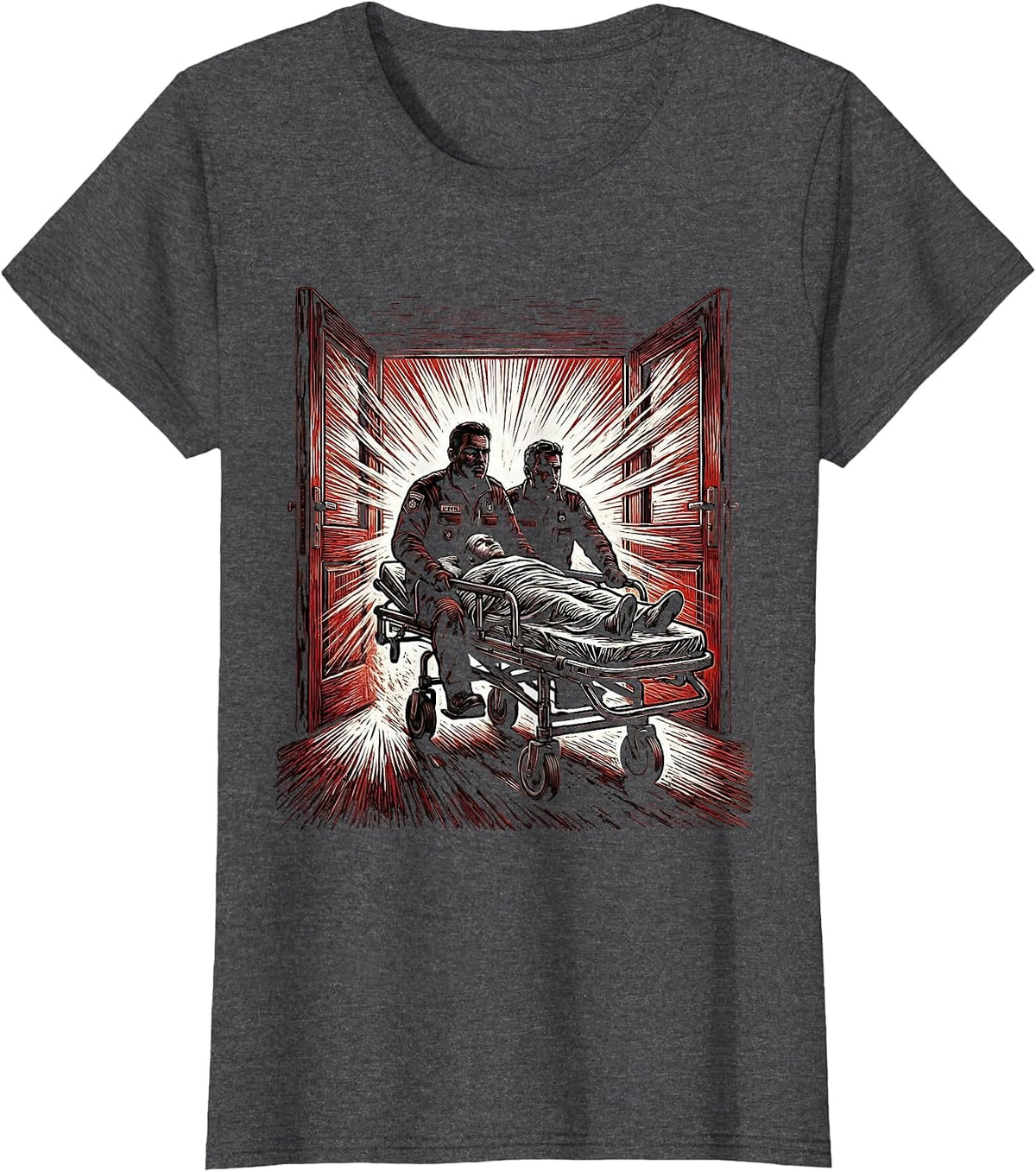 Women's EMT Rushing Patient on Stretcher Graphic T-Shirt - Dark Heather Grey