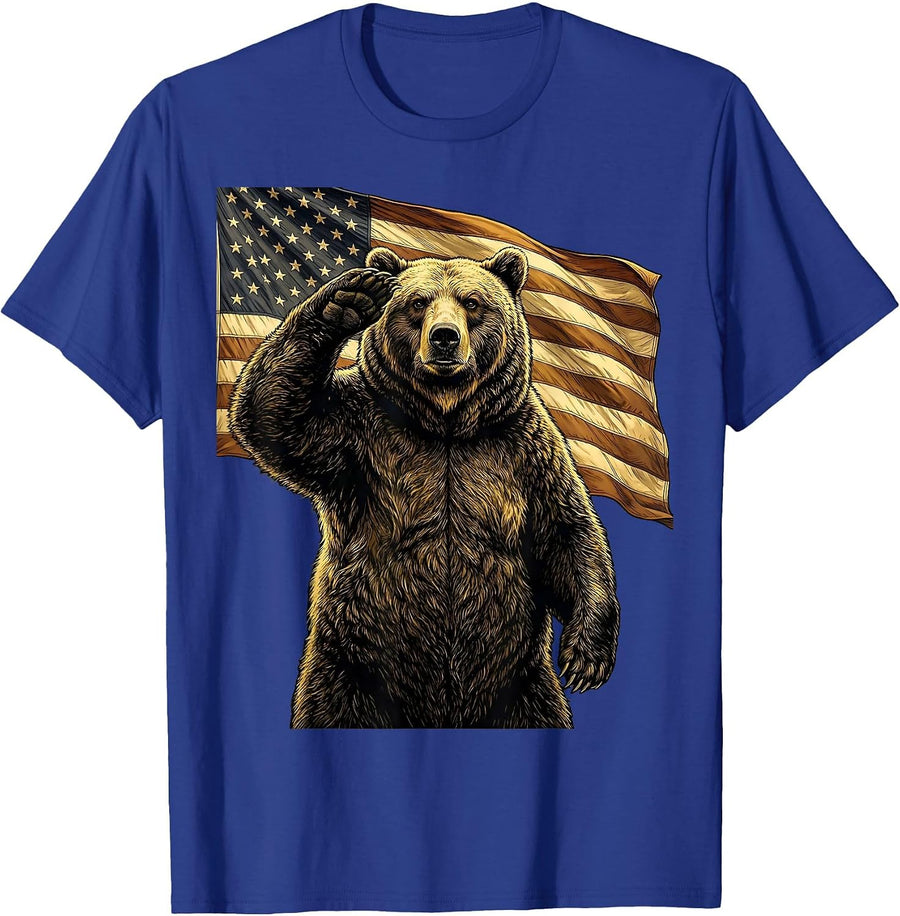 Patriotic Bear Waving American Flag Illustration T-Shirt - Royal Blue