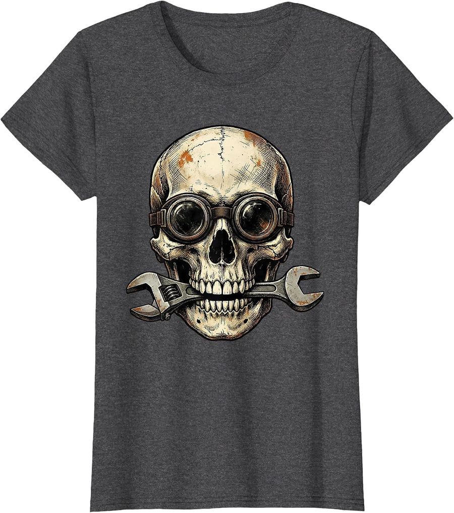 Women's Skull Welder Goggles Wrench Mechanic Graphic T-Shirt - Dark Heather Grey