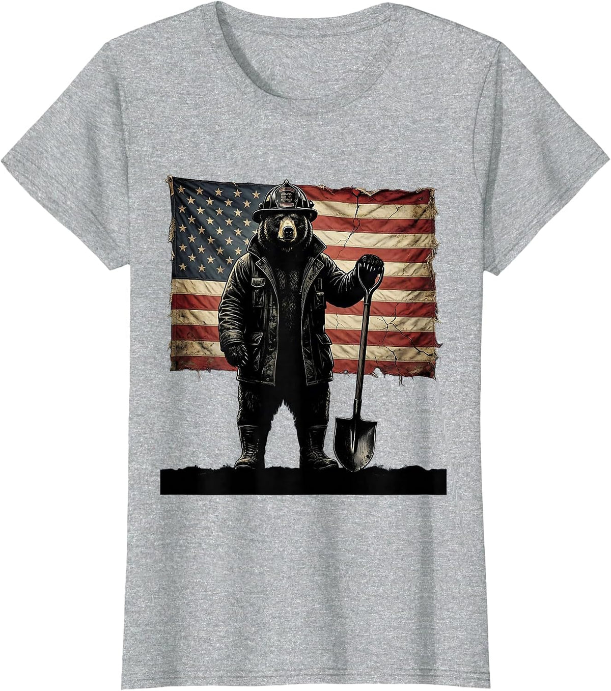 Bear Firefighter Graphic Tee with Shovel Illustration T-Shirt - Heather Grey