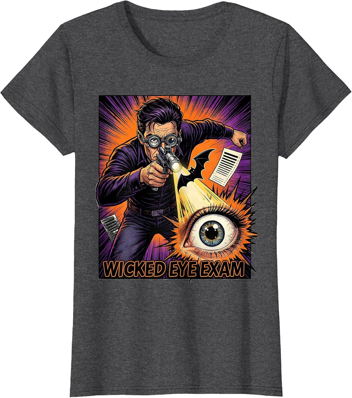 Women's Wicked Eye Exam Comic Book Optometrist Halloween Humor T-Shirt - Dark Heather Grey