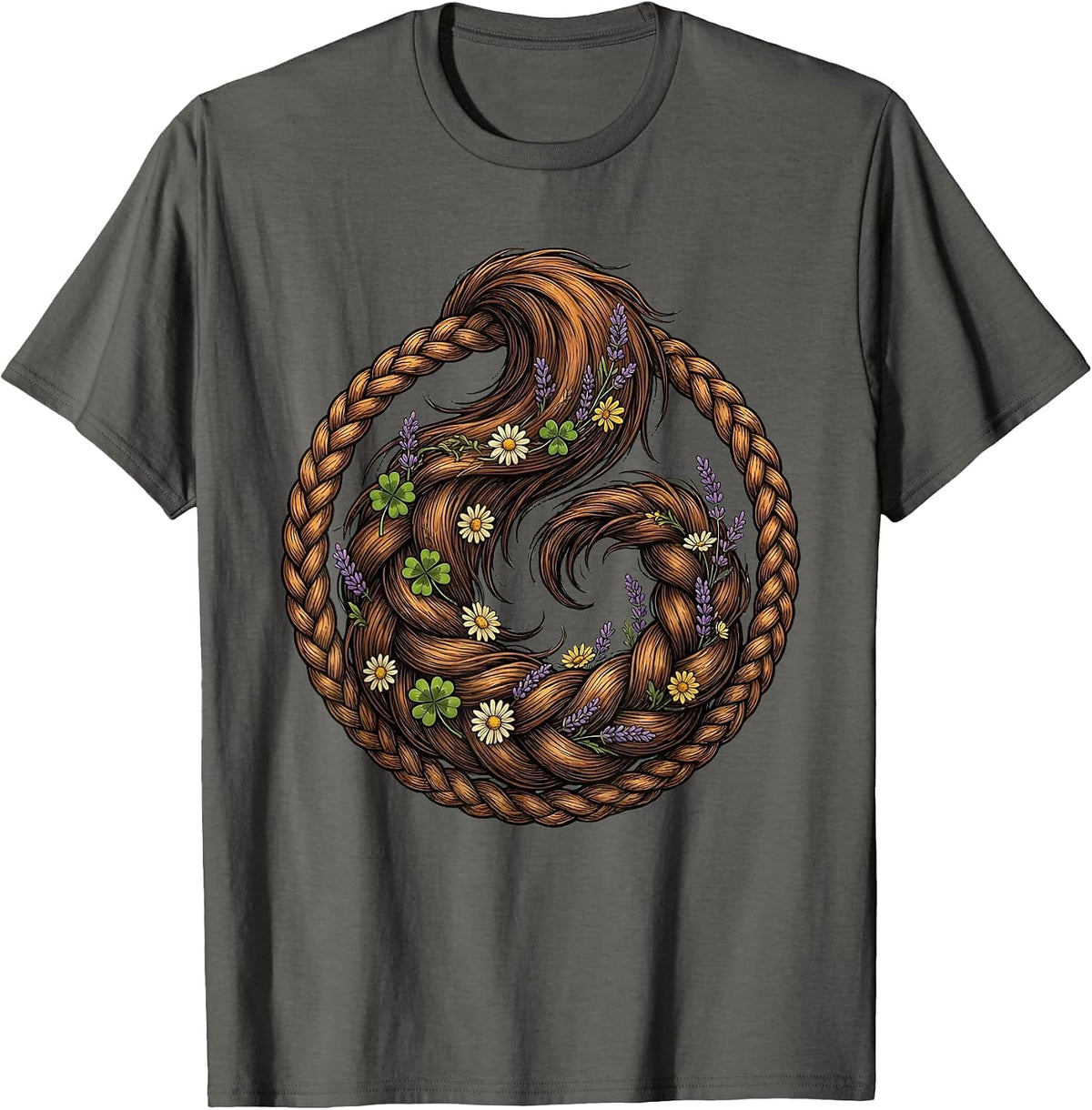 Braided Horse Tail with Wildflowers Illustration T-Shirt - Asphalt Grey